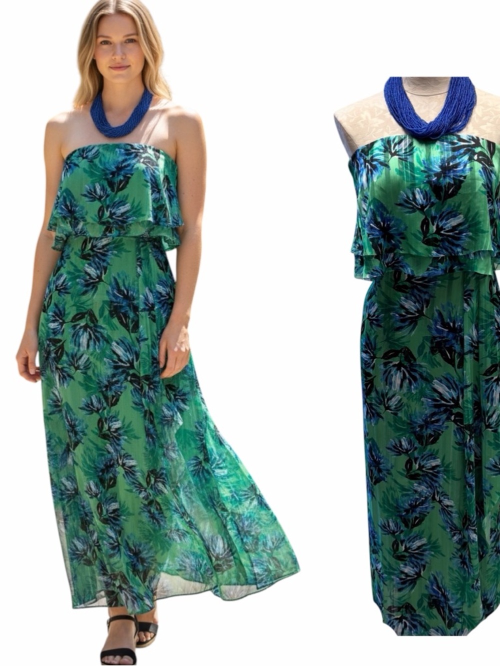 Banana Republic Strapless Floral Maxi Dress Green Blue Size 4